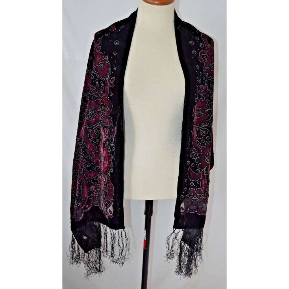 Velvet Burnout Scarf Black Burgundy Silk Floral Fringe Wrap Whimsigoth